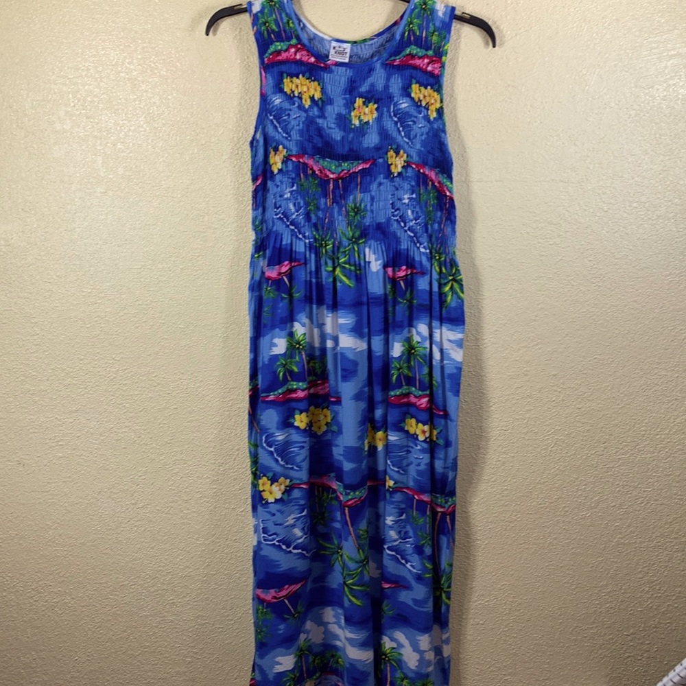 Koko Knot Maxi Dress Ocean Blue Floral Palm Trees S 100% Rayon